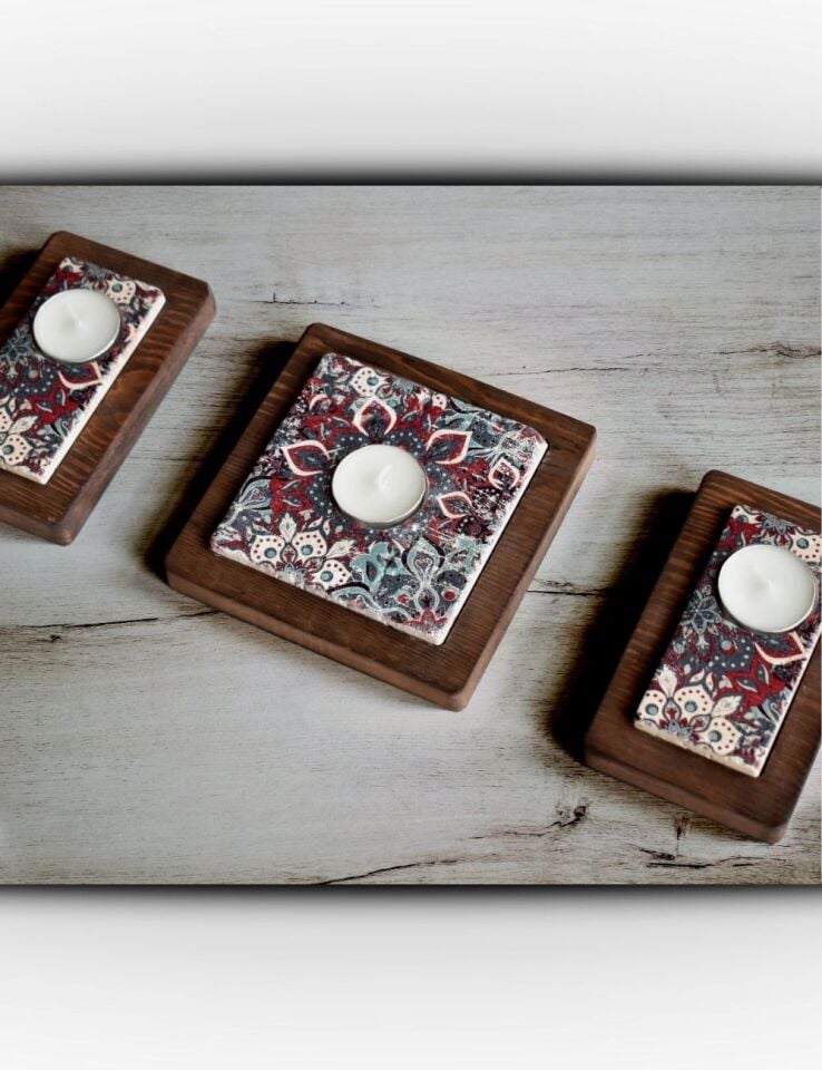 Doğal Taş ve Masif Ahşaptan Mumluk Seti - 027