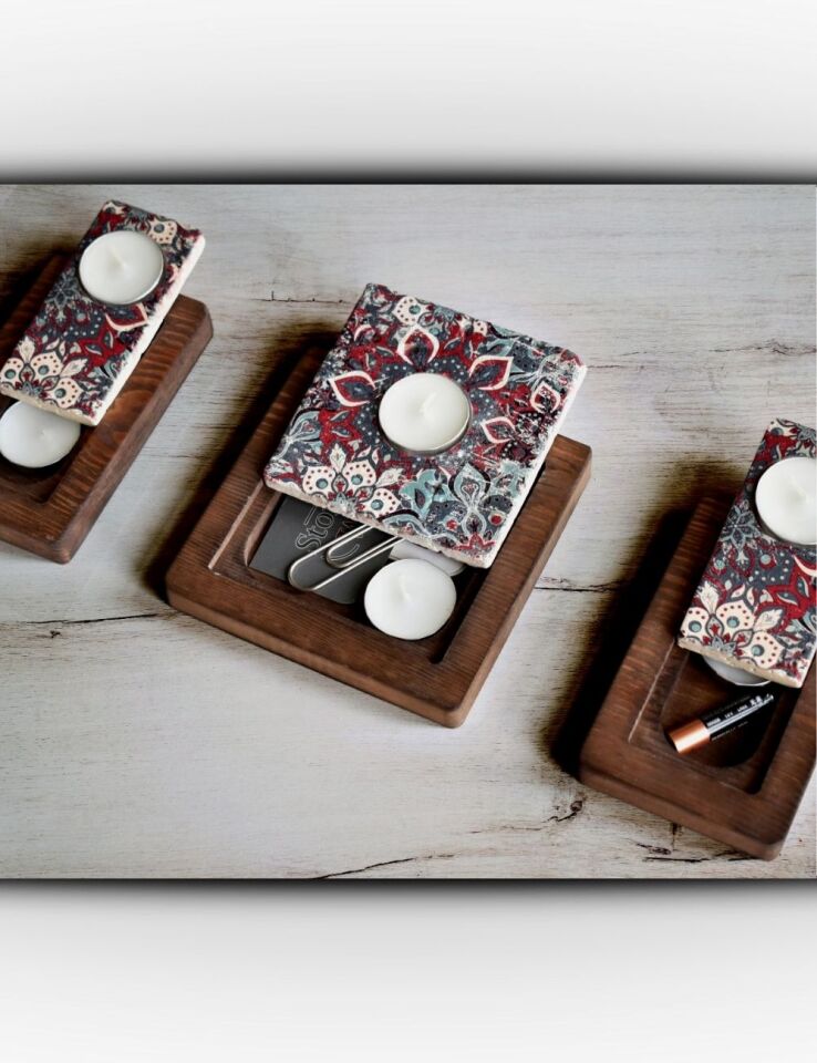 Doğal Taş ve Masif Ahşaptan Mumluk Seti - 027