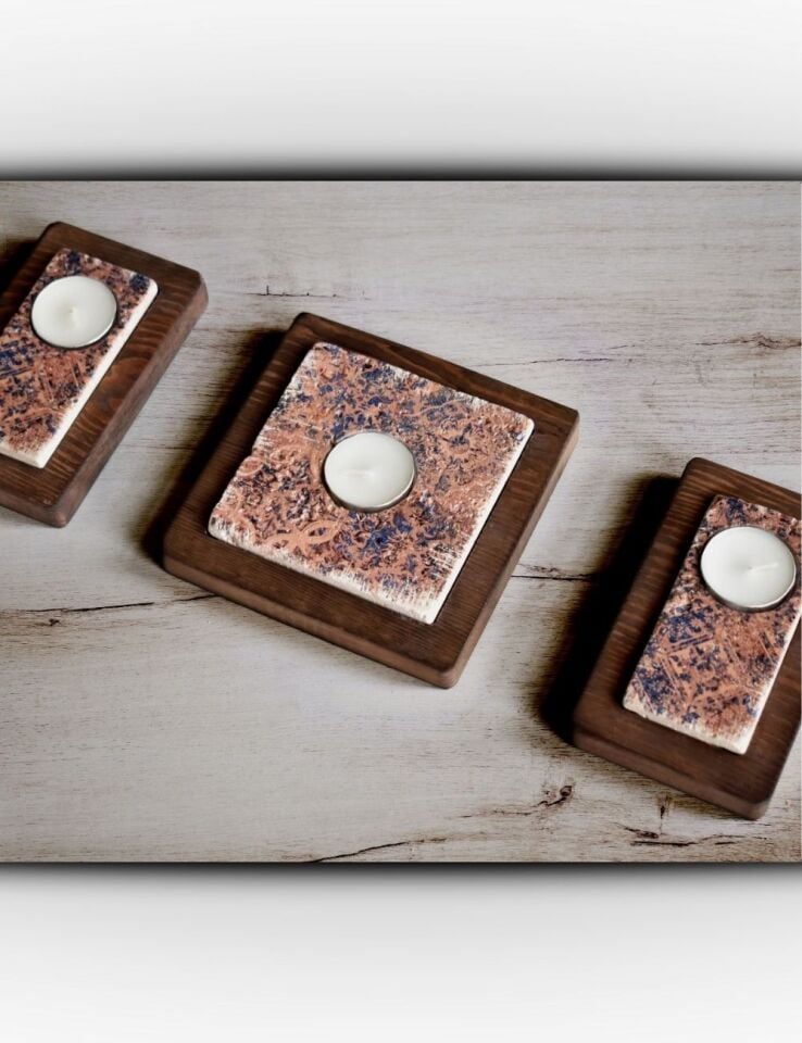 Doğal Taş ve Masif Ahşaptan Mumluk Seti - 029