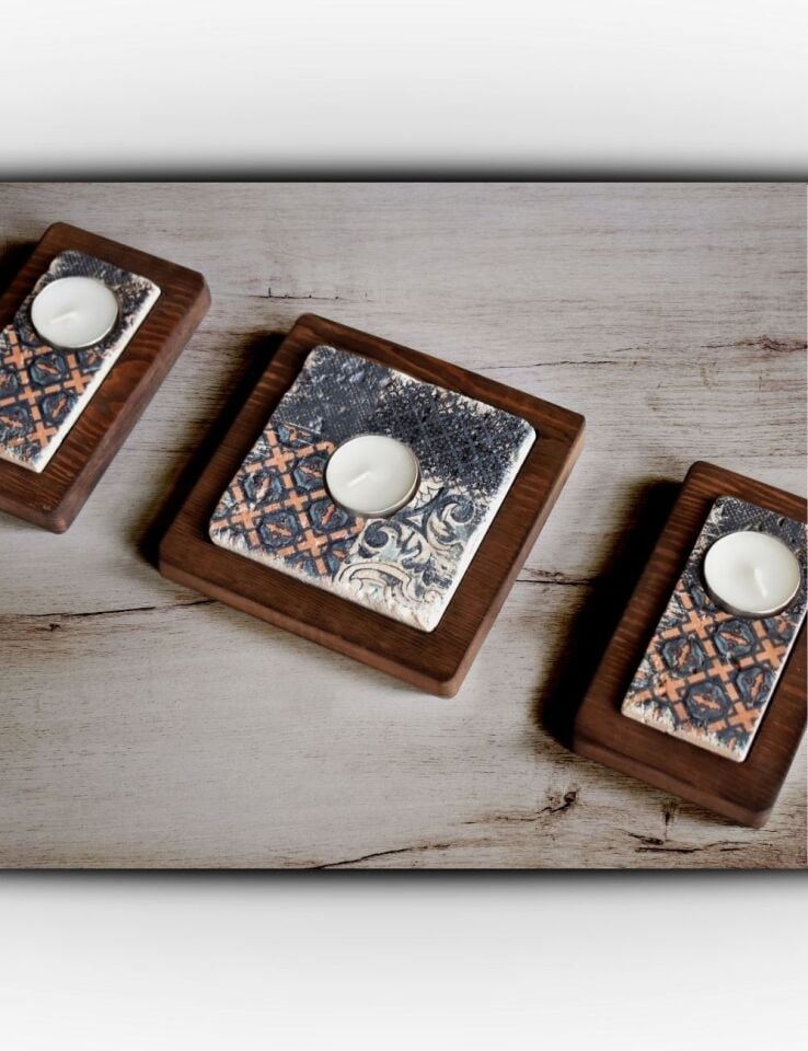 Doğal Taş ve Masif Ahşaptan Mumluk Seti - 031