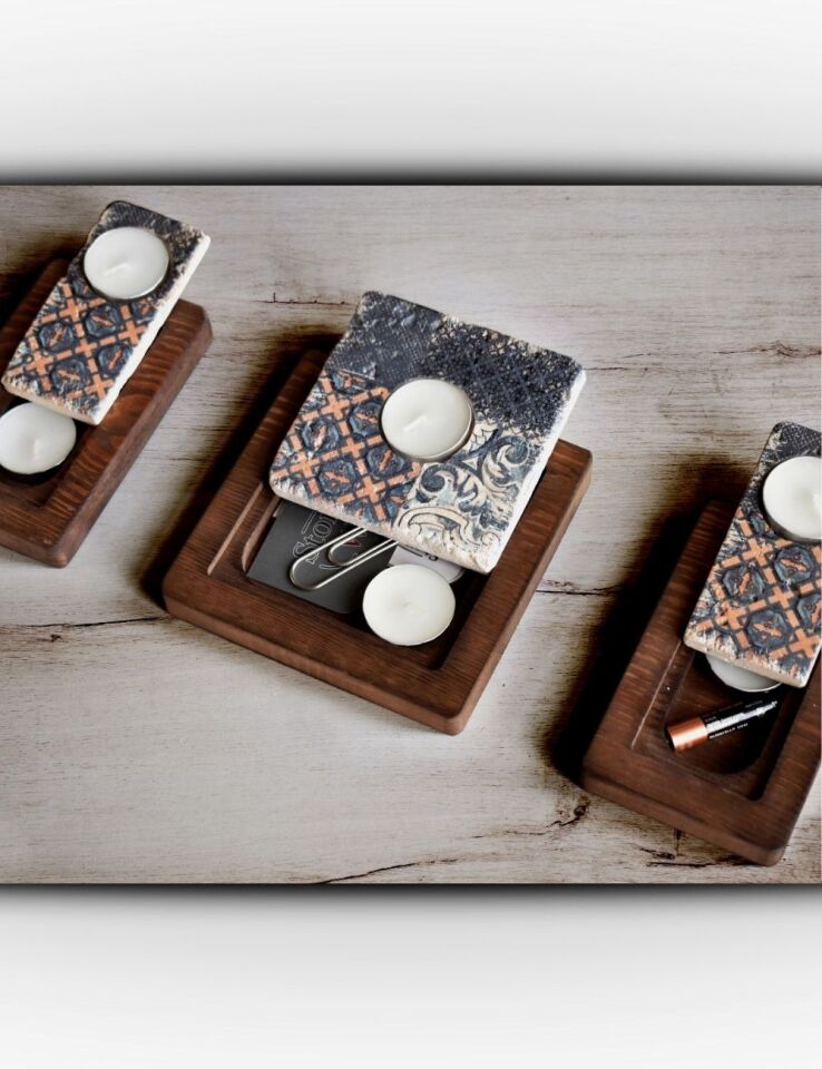 Doğal Taş ve Masif Ahşaptan Mumluk Seti - 031