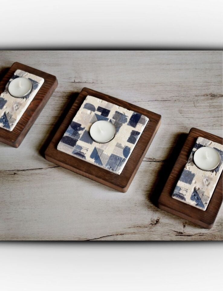 Doğal Taş ve Masif Ahşaptan Mumluk Seti - 032