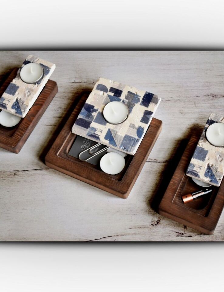 Doğal Taş ve Masif Ahşaptan Mumluk Seti - 032