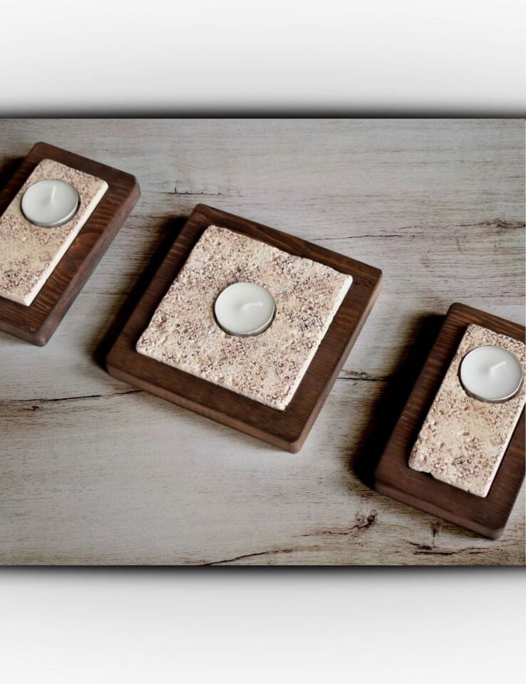 Doğal Taş ve Masif Ahşaptan Mumluk Seti - 034