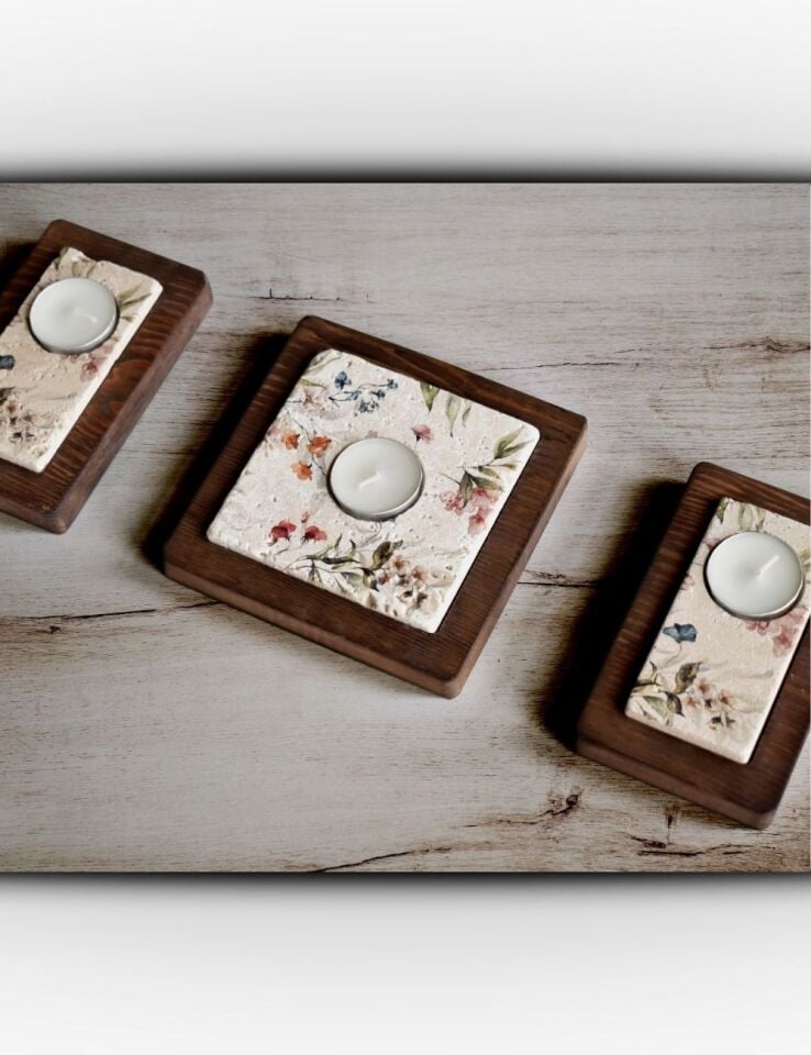 Doğal Taş ve Masif Ahşaptan Mumluk Seti - 035