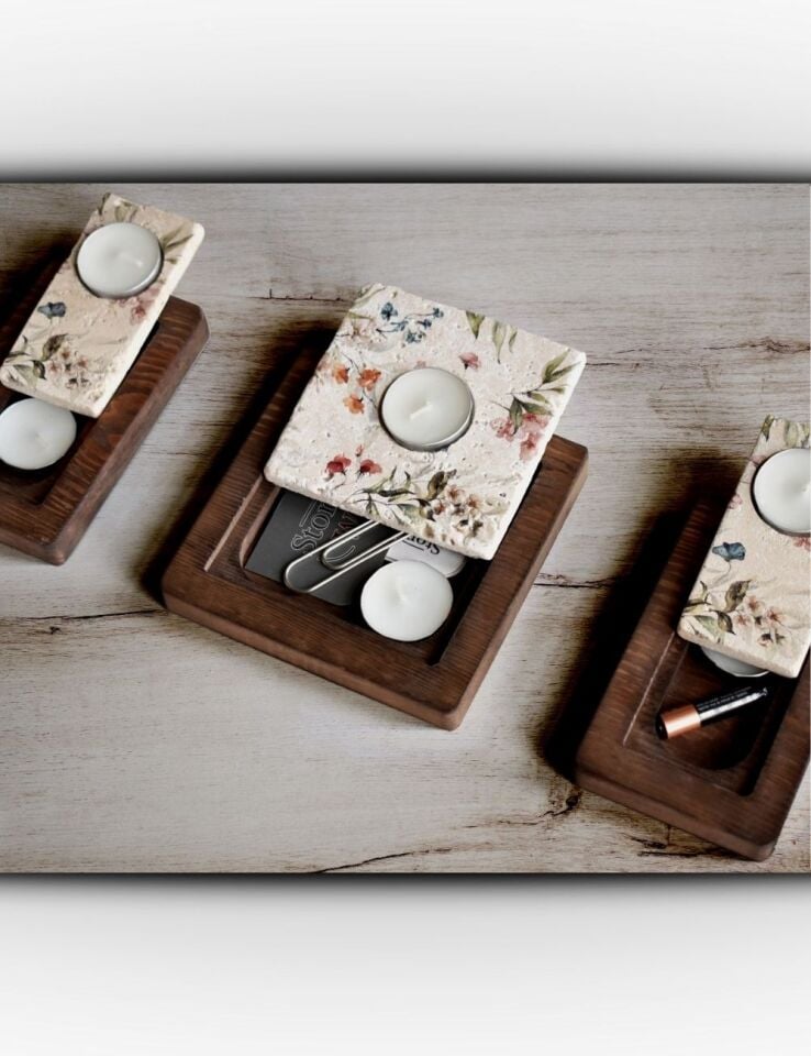 Doğal Taş ve Masif Ahşaptan Mumluk Seti - 035