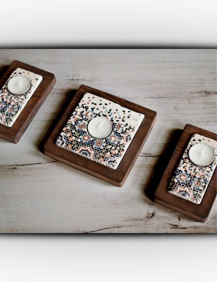 Doğal Taş ve Masif Ahşaptan Mumluk Seti - 042