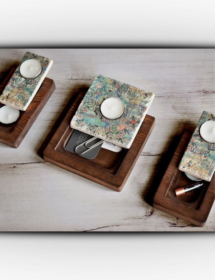 Doğal Taş ve Masif Ahşaptan Mumluk Seti - 043