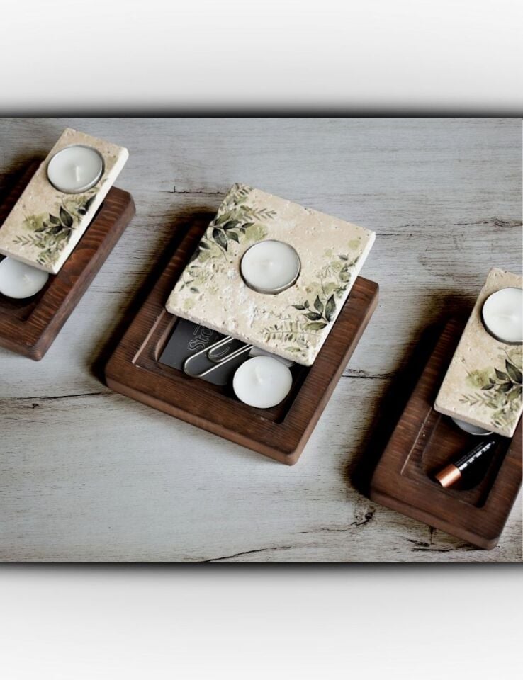 Doğal Taş ve Masif Ahşaptan Mumluk Seti - 065