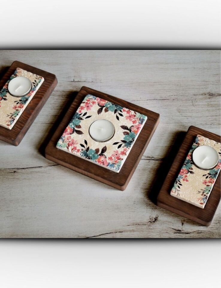 Doğal Taş ve Masif Ahşaptan Mumluk Seti - 066