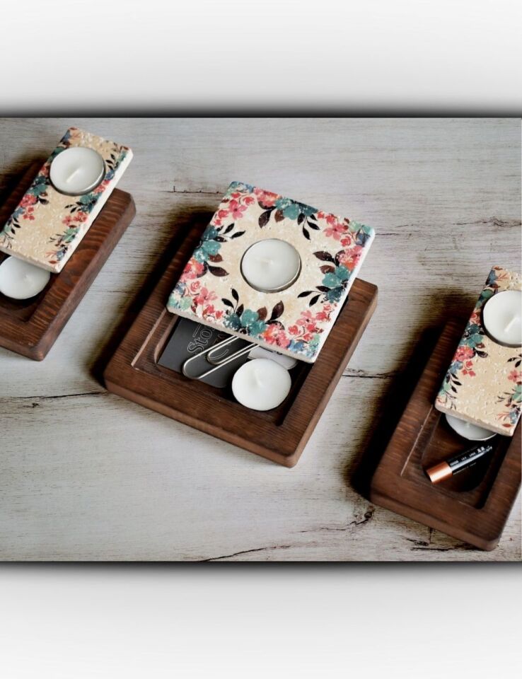 Doğal Taş ve Masif Ahşaptan Mumluk Seti - 066