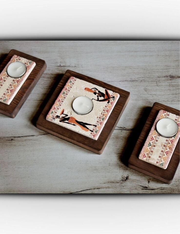 Doğal Taş ve Masif Ahşaptan Mumluk Seti - 101