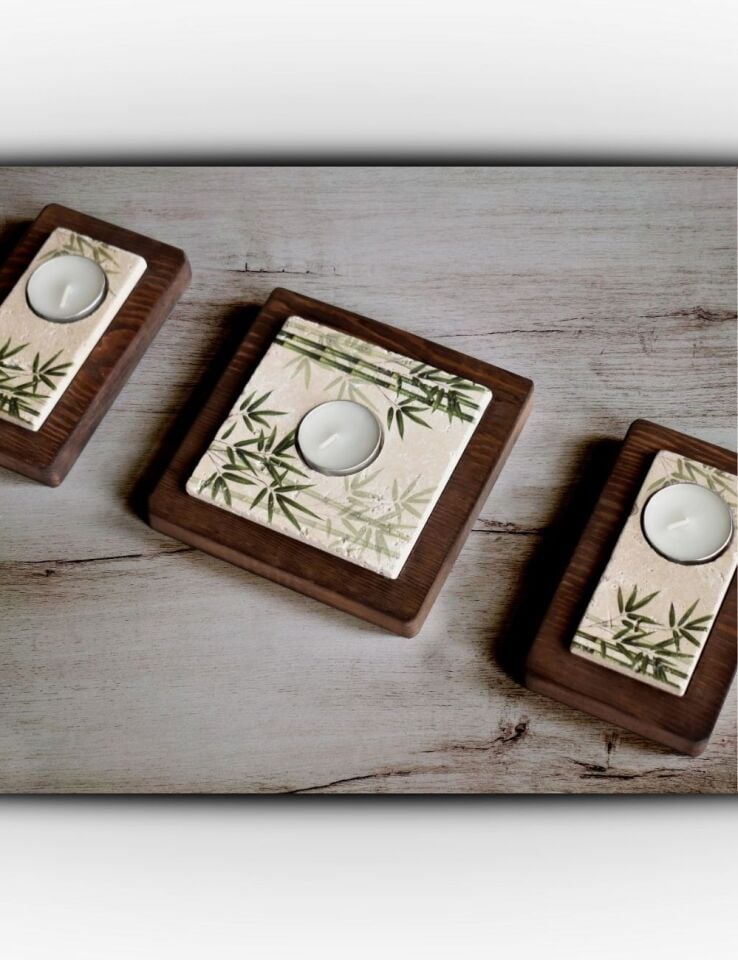 Doğal Taş ve Masif Ahşaptan Mumluk Seti - 103