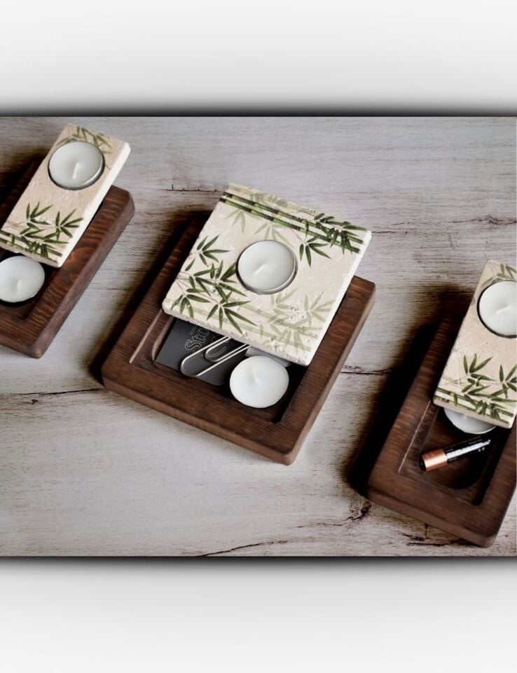 Doğal Taş ve Masif Ahşaptan Mumluk Seti - 103