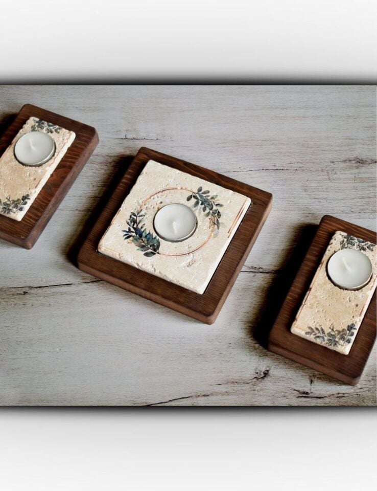 Doğal Taş ve Masif Ahşaptan Mumluk Seti - 105