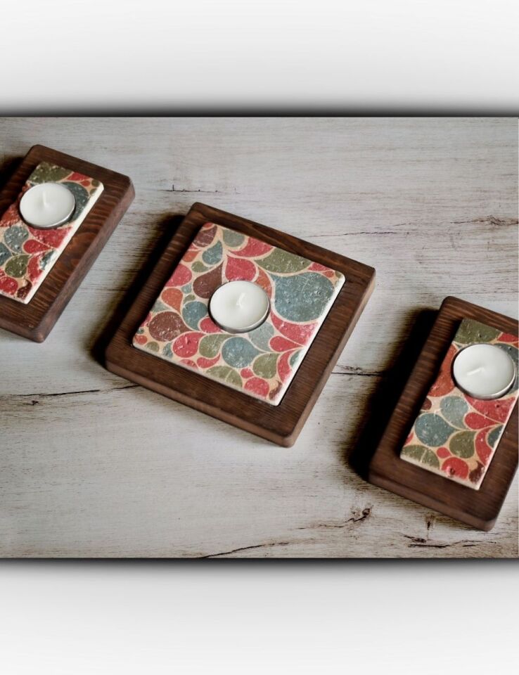 Doğal Taş ve Masif Ahşaptan Mumluk Seti - 107