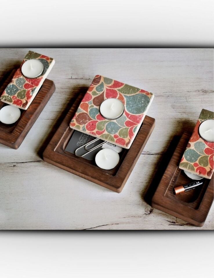 Doğal Taş ve Masif Ahşaptan Mumluk Seti - 107