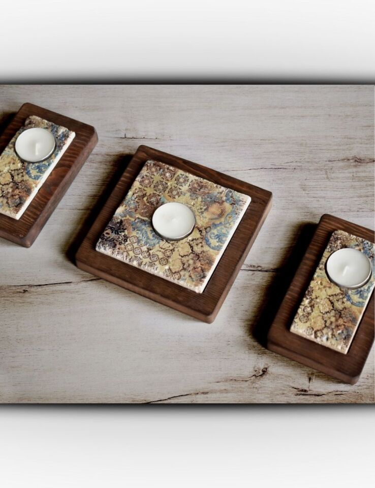 Doğal Taş ve Masif Ahşaptan Mumluk Seti - 108