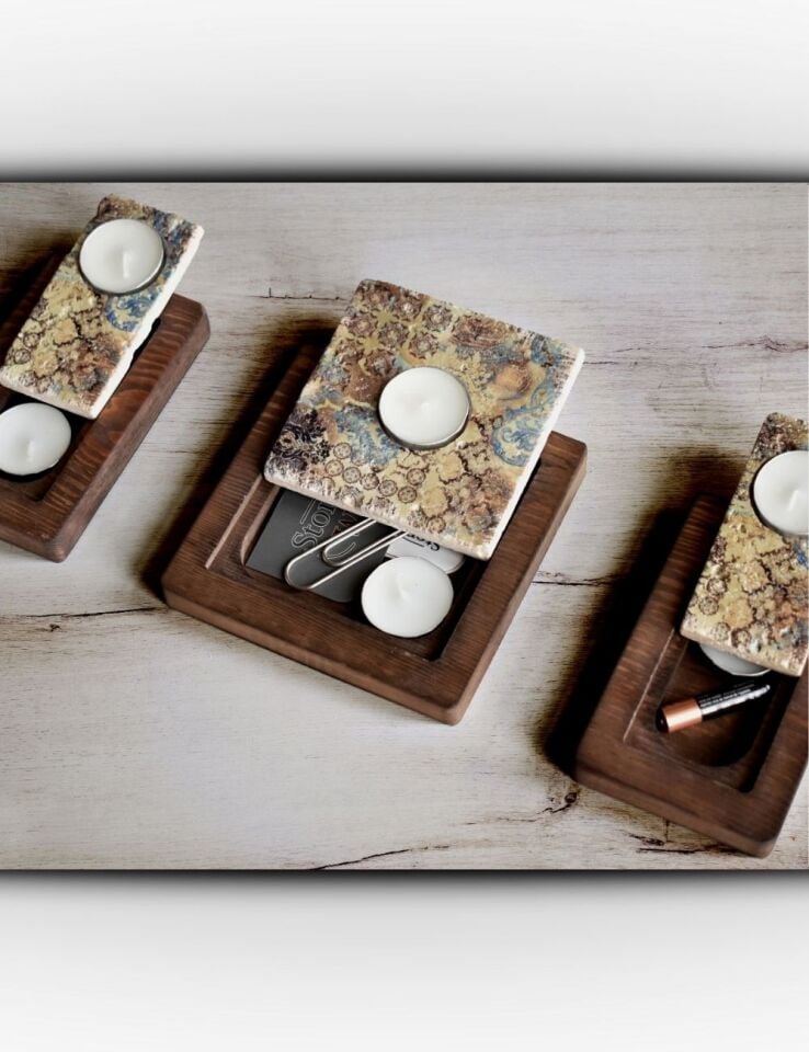 Doğal Taş ve Masif Ahşaptan Mumluk Seti - 108