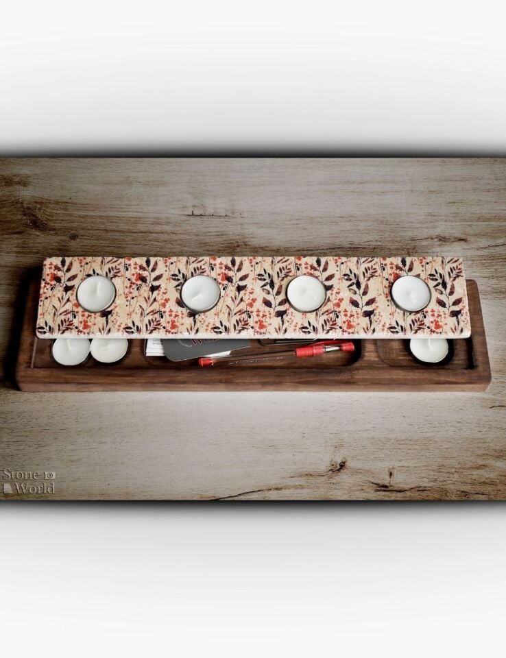 Doğal Taş ve Masif Ahşaptan Mumluk Takımı - 010