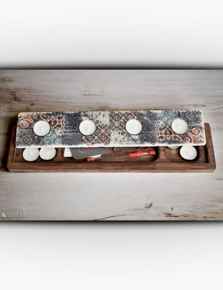 Doğal Taş ve Masif Ahşaptan Mumluk Takımı - 031