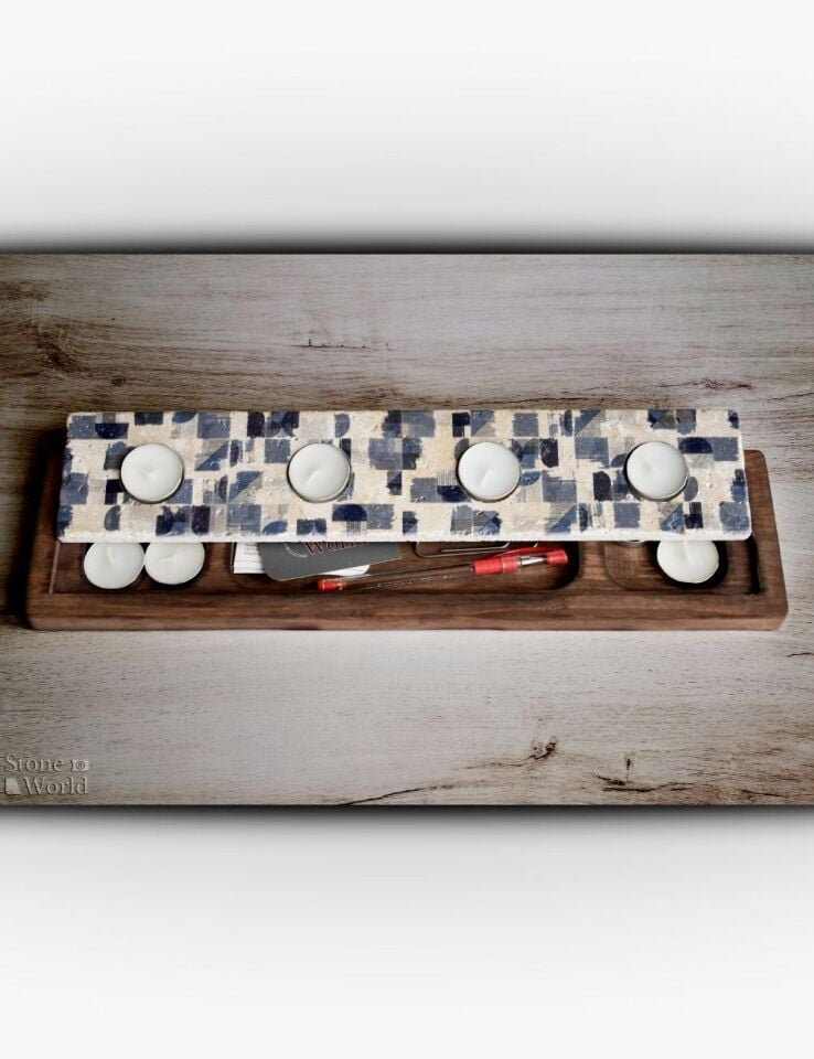 Doğal Taş ve Masif Ahşaptan Mumluk Takımı - 032