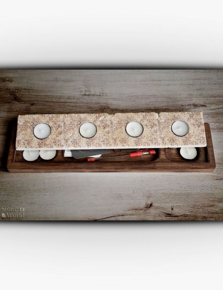 Doğal Taş ve Masif Ahşaptan Mumluk Takımı - 034