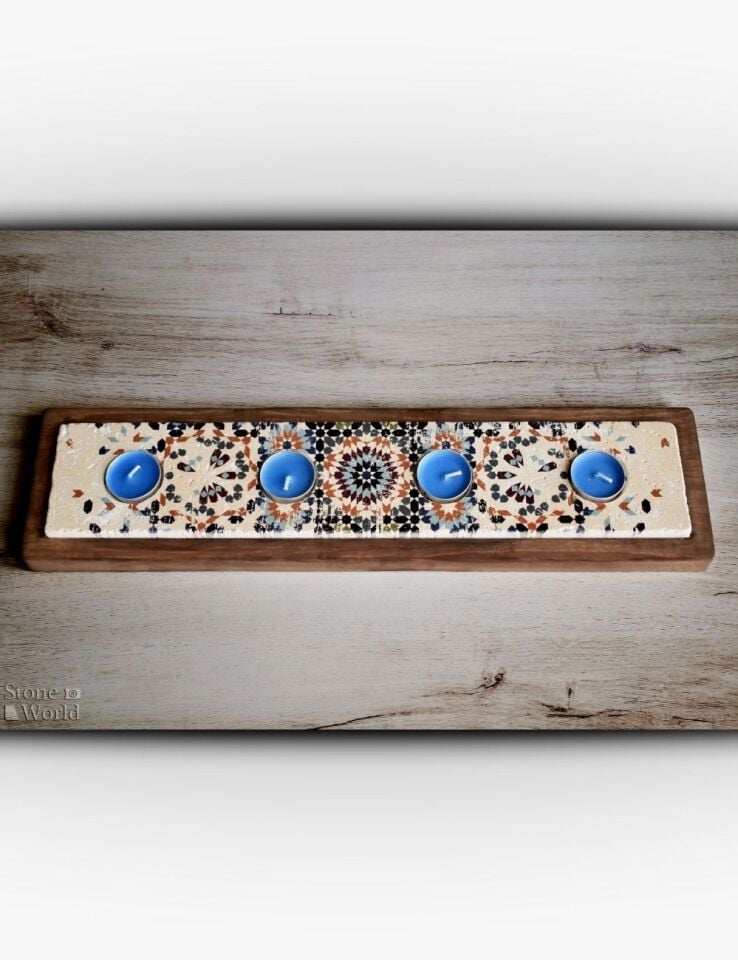 Doğal Taş ve Masif Ahşaptan Mumluk Takımı - 042