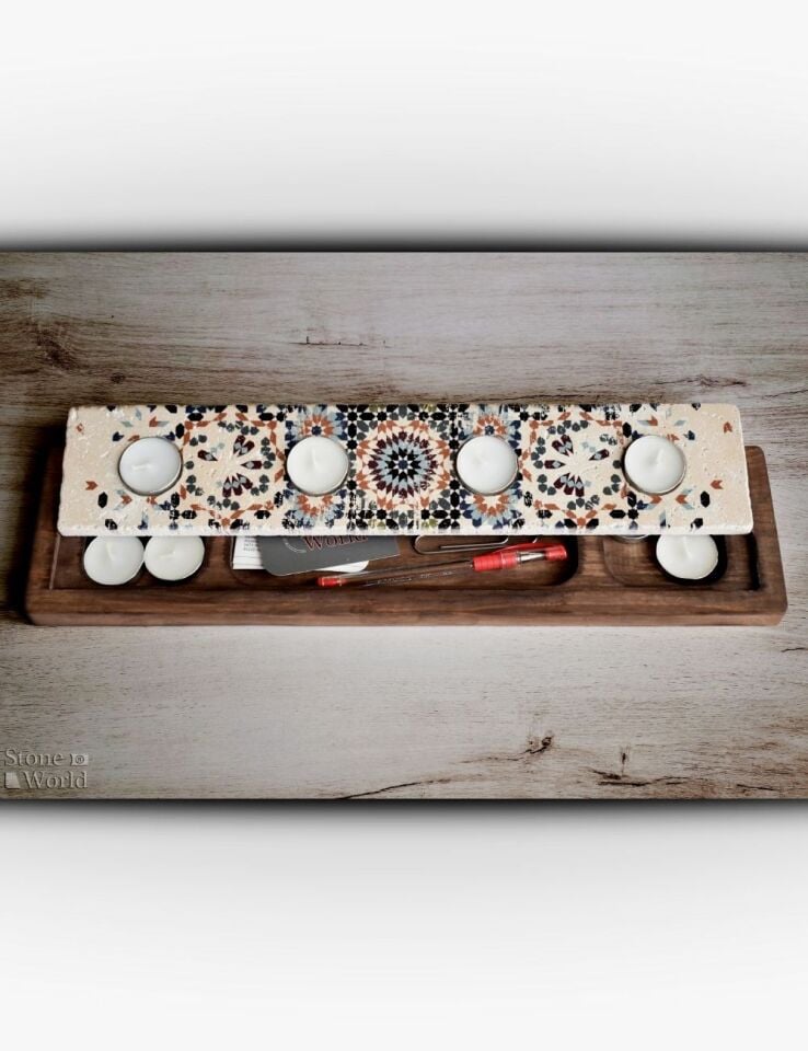 Doğal Taş ve Masif Ahşaptan Mumluk Takımı - 042