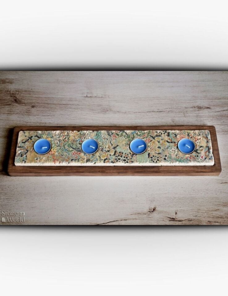 Doğal Taş ve Masif Ahşaptan Mumluk Takımı - 043