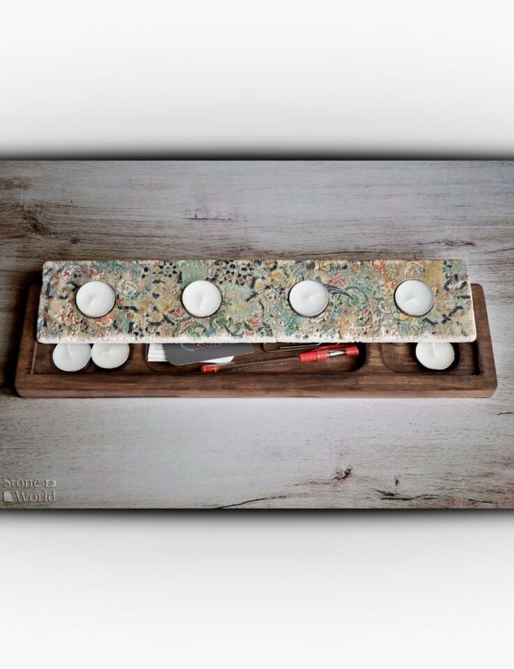 Doğal Taş ve Masif Ahşaptan Mumluk Takımı - 043