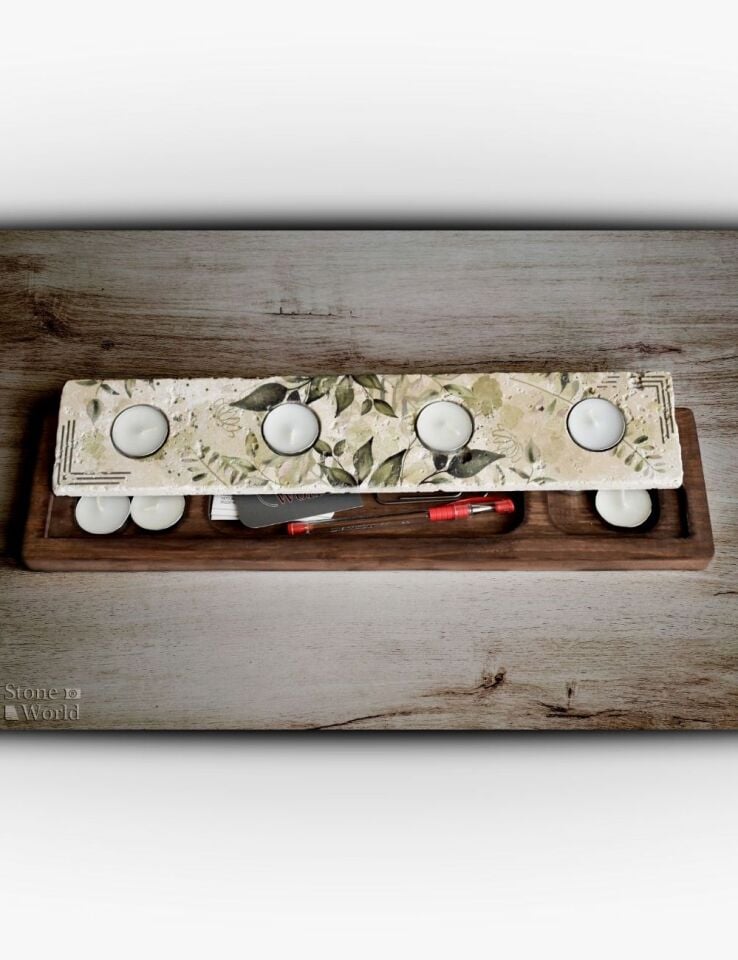 Doğal Taş ve Masif Ahşaptan Mumluk Takımı - 065