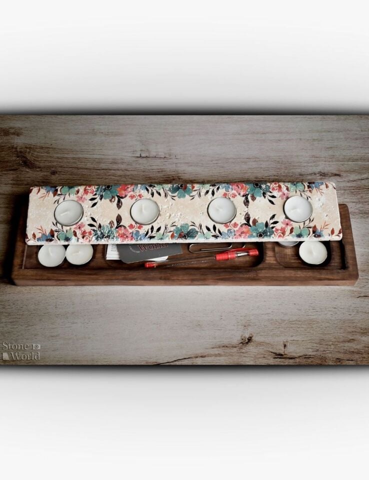 Doğal Taş ve Masif Ahşaptan Mumluk Takımı - 066