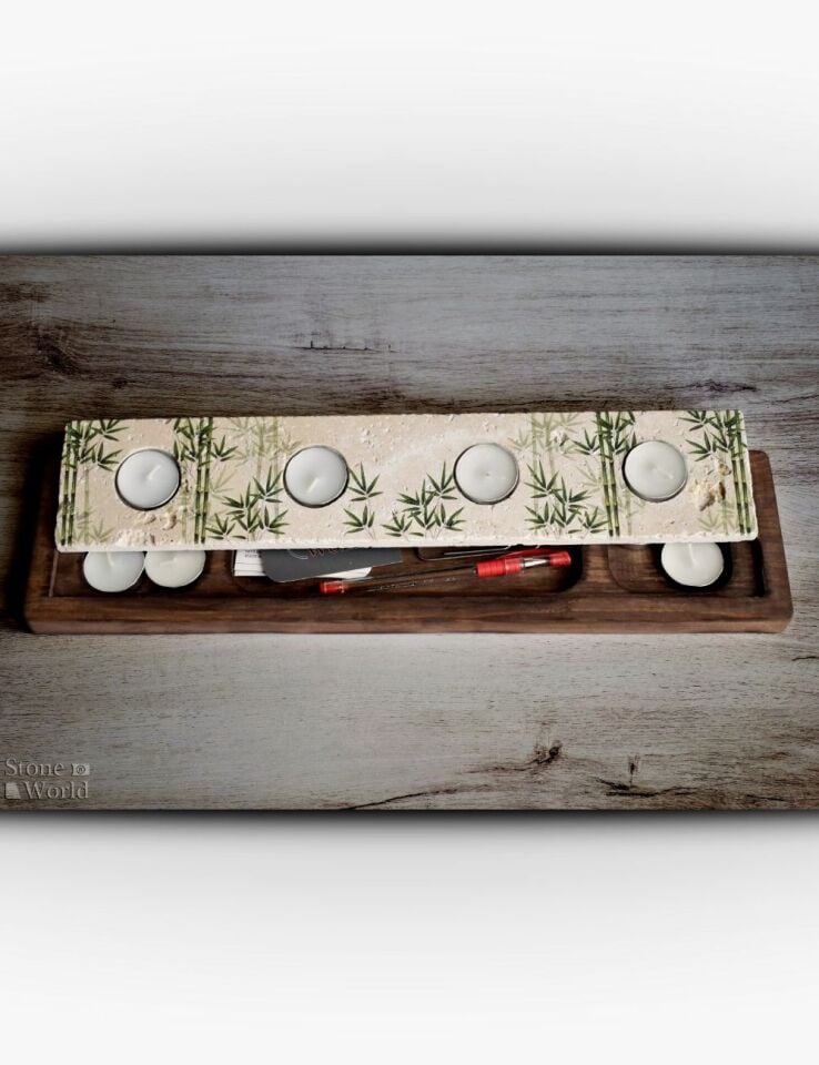 Doğal Taş ve Masif Ahşaptan Mumluk Takımı - 103