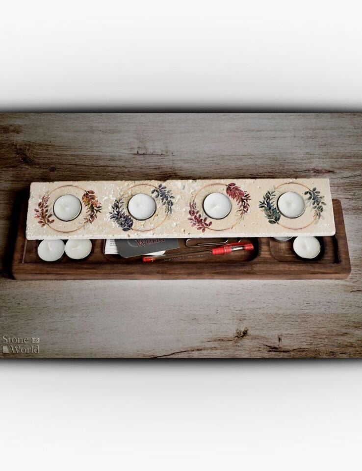 Doğal Taş ve Masif Ahşaptan Mumluk Takımı - 105