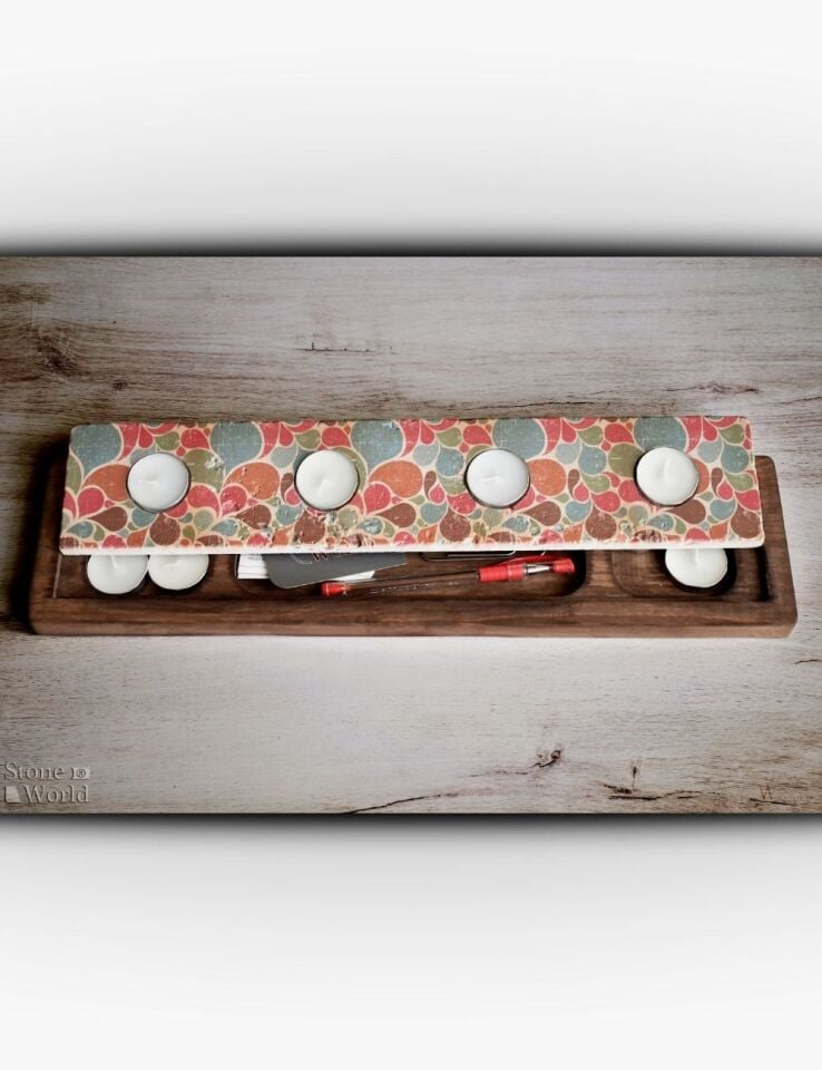 Doğal Taş ve Masif Ahşaptan Mumluk Takımı - 107