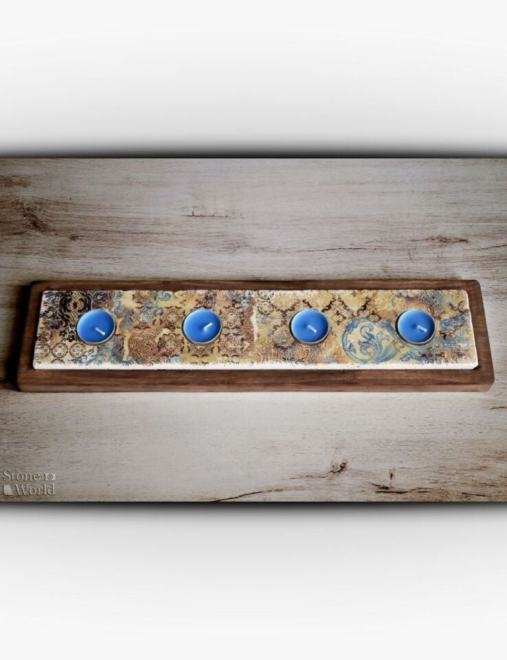 Doğal Taş ve Masif Ahşaptan Mumluk Takımı - 108