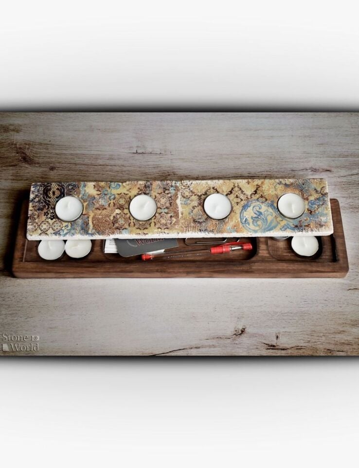 Doğal Taş ve Masif Ahşaptan Mumluk Takımı - 108