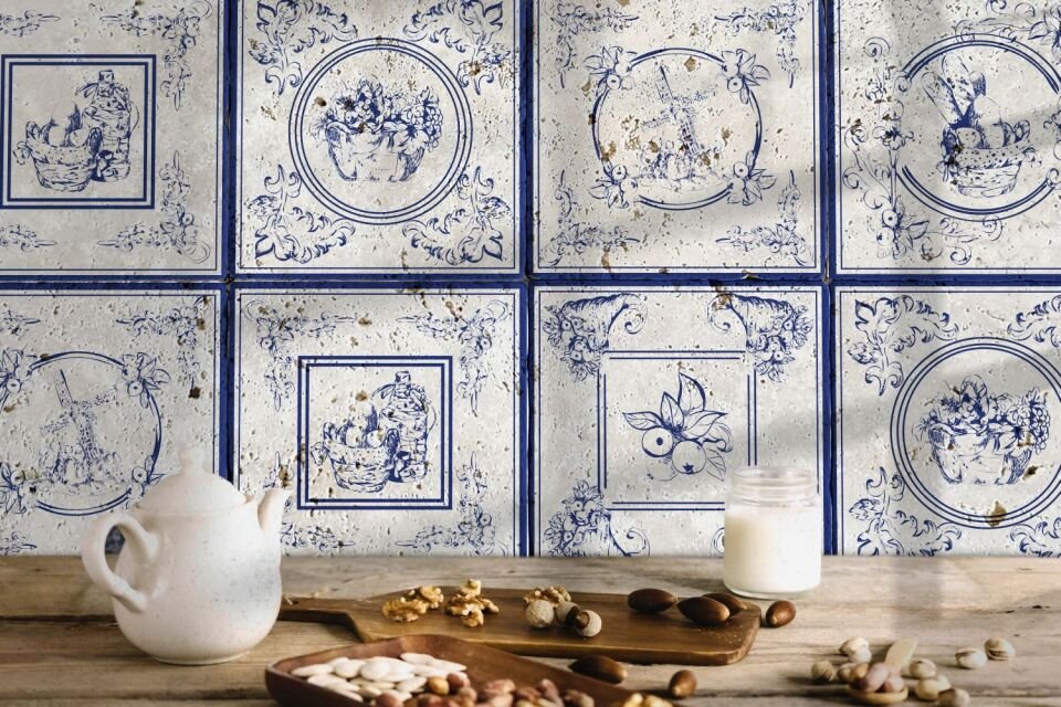 Desenli Doğal Taştan Dekoratif Karo - Quintet Teması - 002