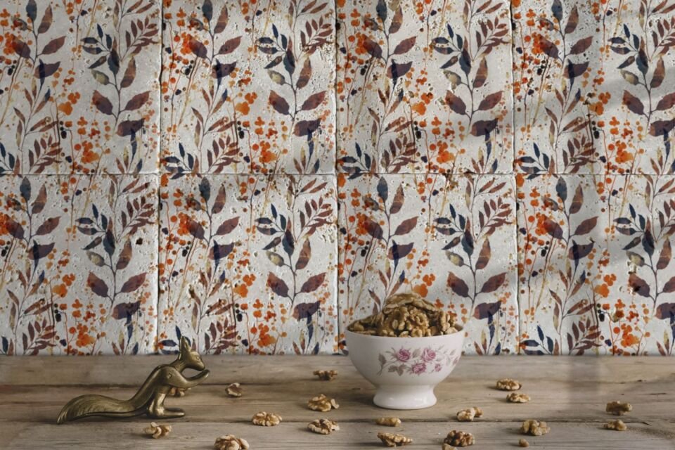 Desenli Doğal Taştan Dekoratif Karo - Flower Teması - 010