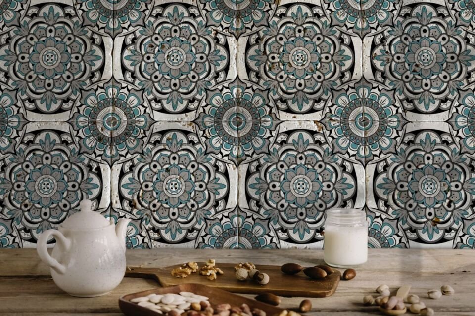 Desenli Doğal Taştan Dekoratif Karo - Mandala Teması - 013