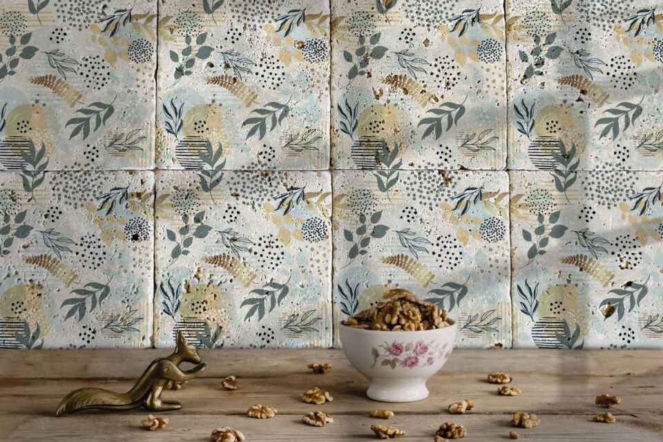 Desenli Doğal Taştan Dekoratif Karo - Flower Teması - 019