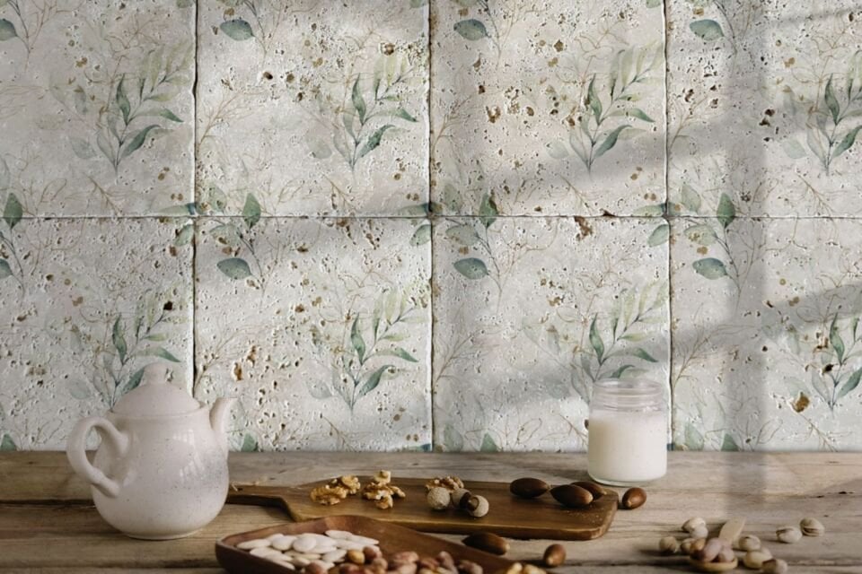 Desenli Doğal Taştan Dekoratif Karo - Flower Teması - 024