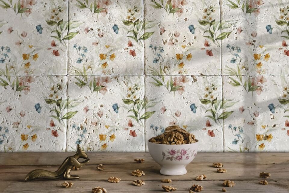 Desenli Doğal Taştan Dekoratif Karo - Flower Teması - 035