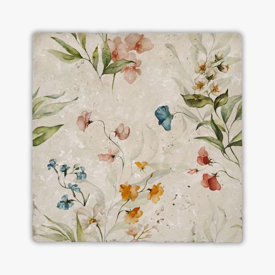 Desenli Doğal Taştan Dekoratif Karo - Flower Teması - 035