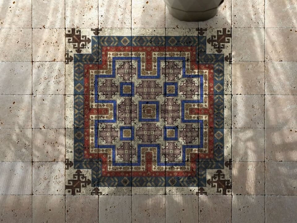Desenli Doğal Taştan Kilim - Aztec Teması - 003