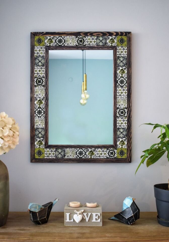 Patchwork Temalı, Masif Ahşap Ve Desenli Mermerden Dekoratif Ayna - 48x63cm - 002.1