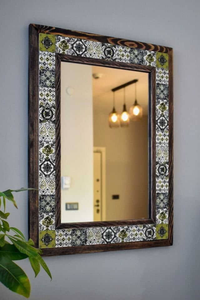 Patchwork Temalı, Masif Ahşap Ve Desenli Mermerden Dekoratif Ayna - 48x63cm - 002.1