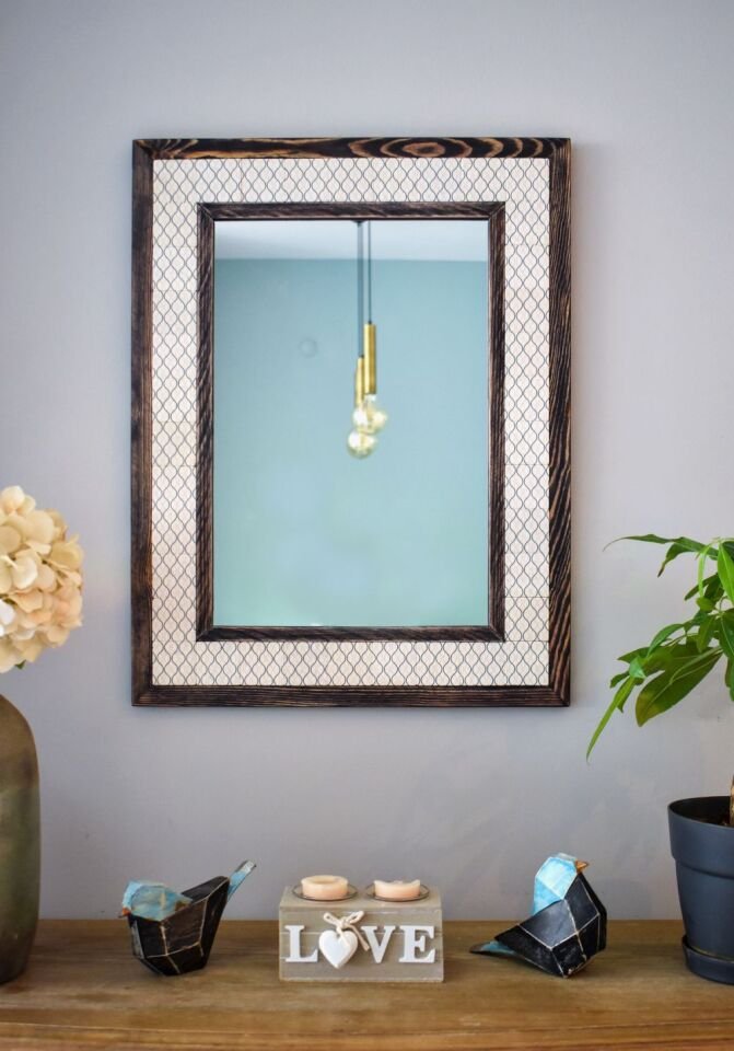 El Yapımı Masif Ahşap & Desenli Mermer Duvar Aynası 48x63 Cm - 007.1