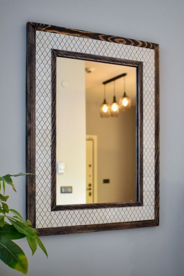 El Yapımı Masif Ahşap & Desenli Mermer Duvar Aynası 48x63 Cm - 007.1